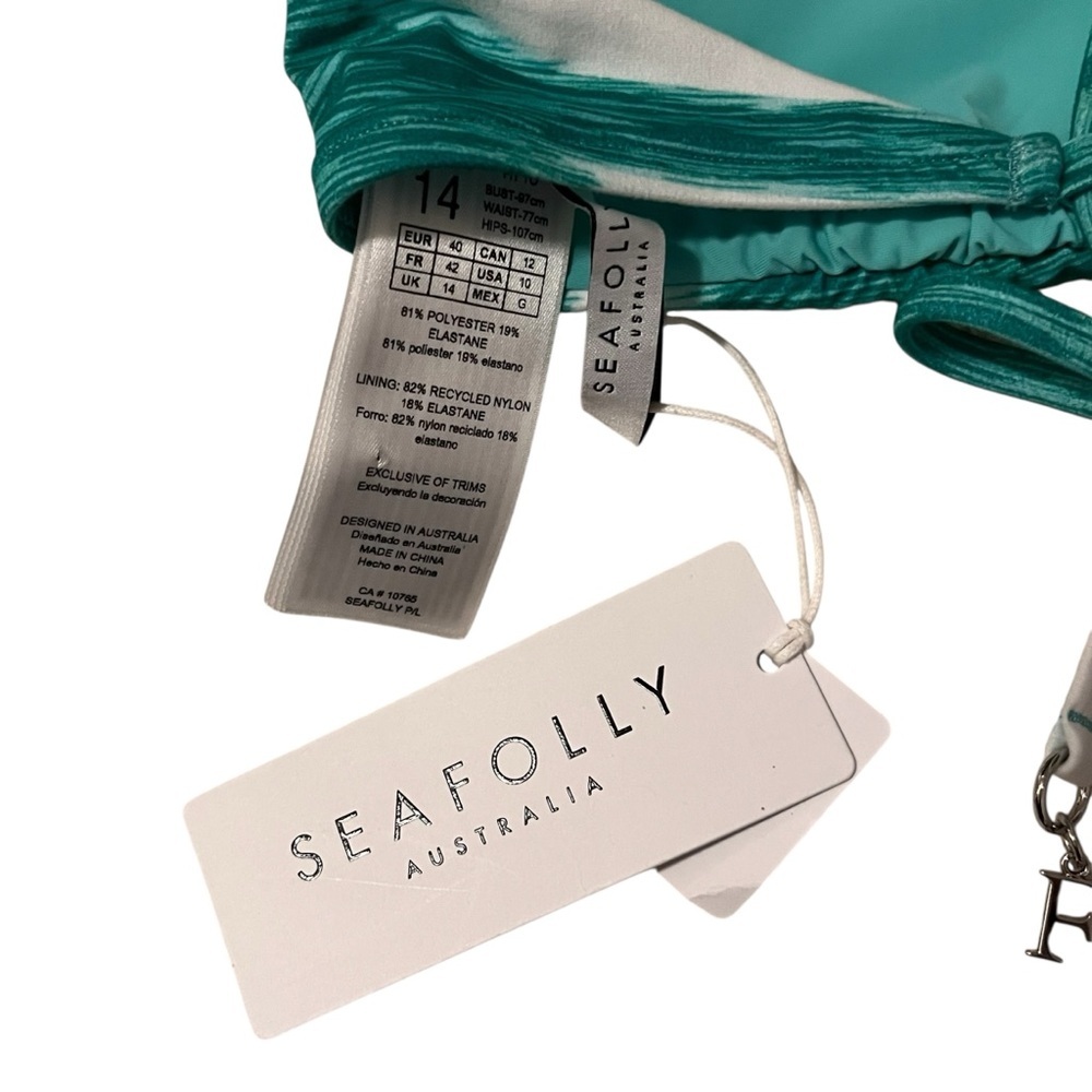 Seafolly Wavelength Cross Back Bralette Bikini Top Green White Women's 10 US NWT - Picture 11 of 11